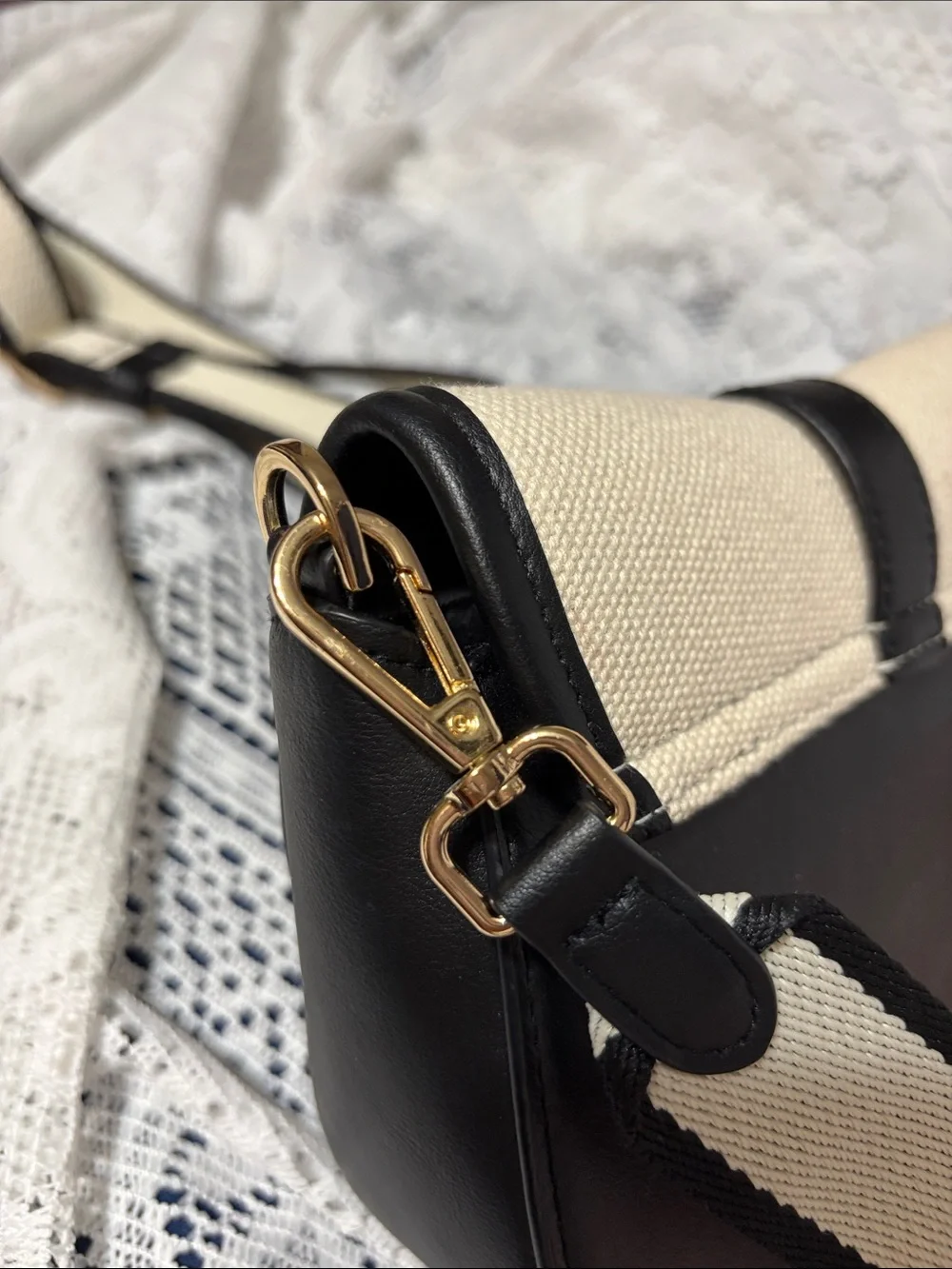 a new day Cream and Black Canvas Crossbody with Gold Accent